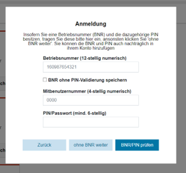 Verifizierung mittels BNR und PIN